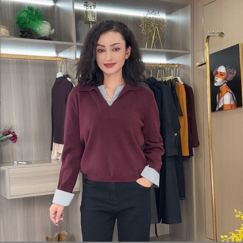 复古港风衬衫袖长袖针织毛针织衫常规翻领拼接假两件上衣