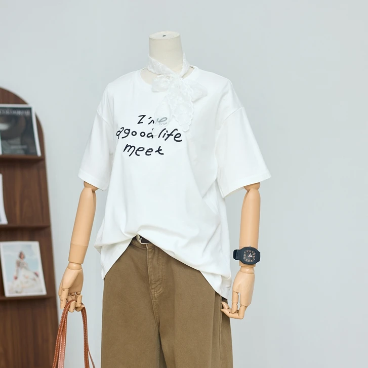 蕾丝围巾春夏季新款韩版白色时尚减龄上衣刺绣宽松显瘦短袖T恤女