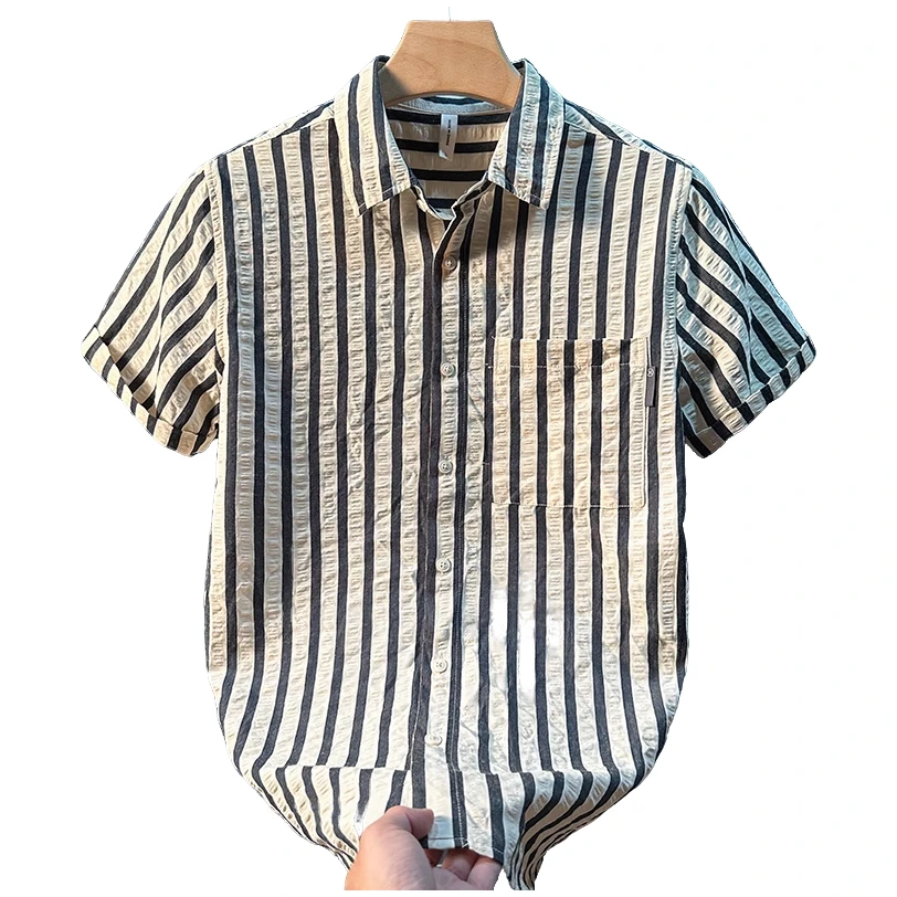 轻奢日系薄款男装条纹文艺男士衬衫痞帅男夏季男士宽松时尚透气潮