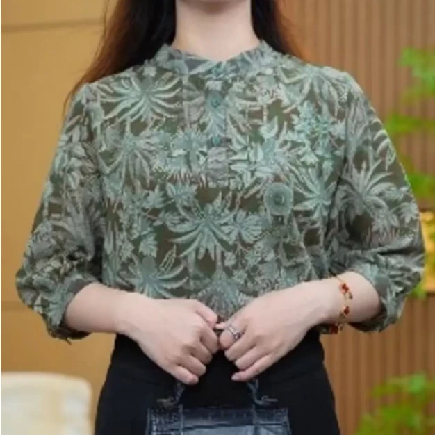 七分袖上衣女装洋气简约显瘦印花衬衫百搭上衣