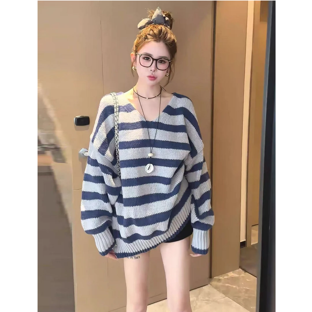 慵懒oversize条纹V领毛衣女秋季宽松V领上衣针织衫