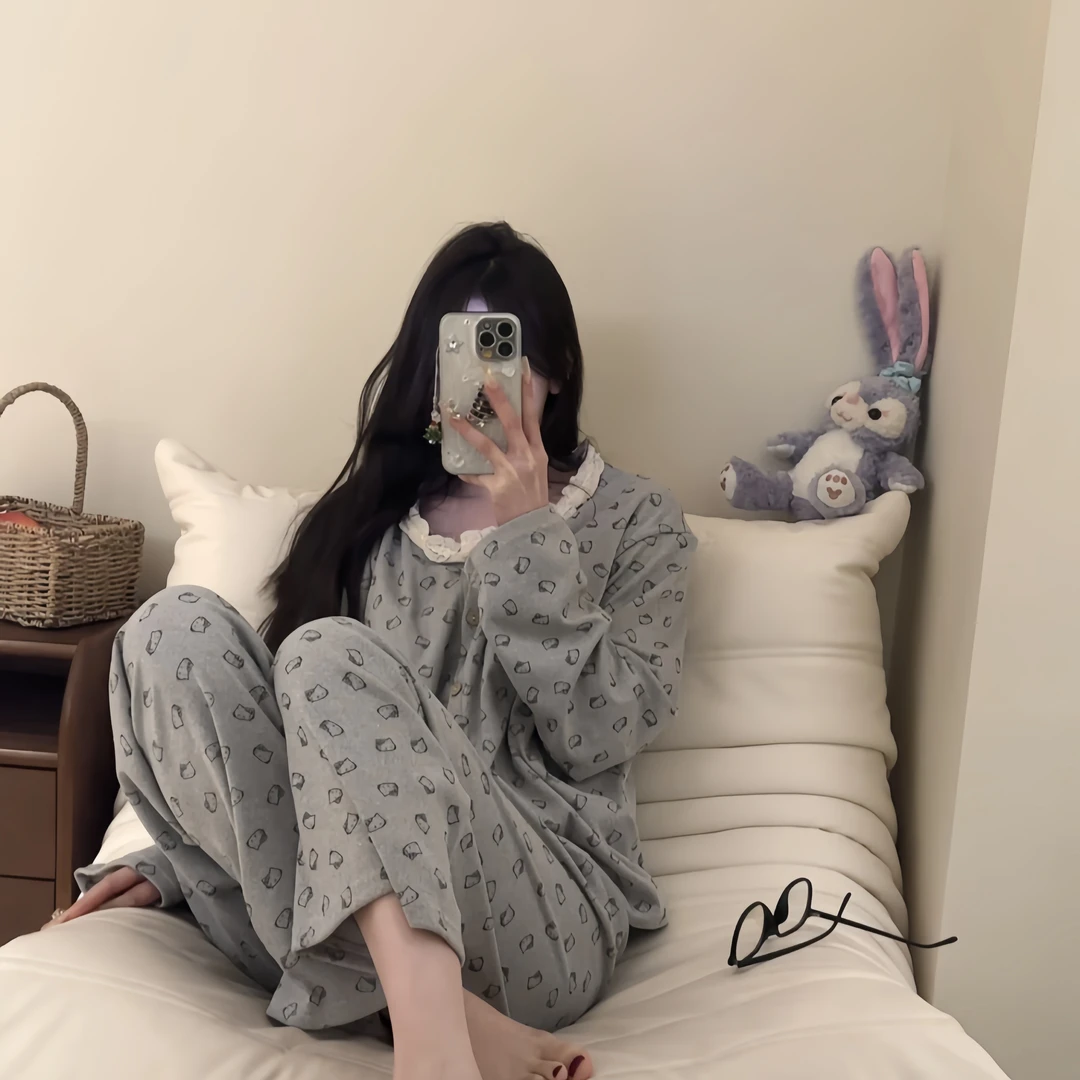 【VNS】一秋冬韩版甜美卡通猫咪印花德绒睡衣女家居服套装#创-3A107