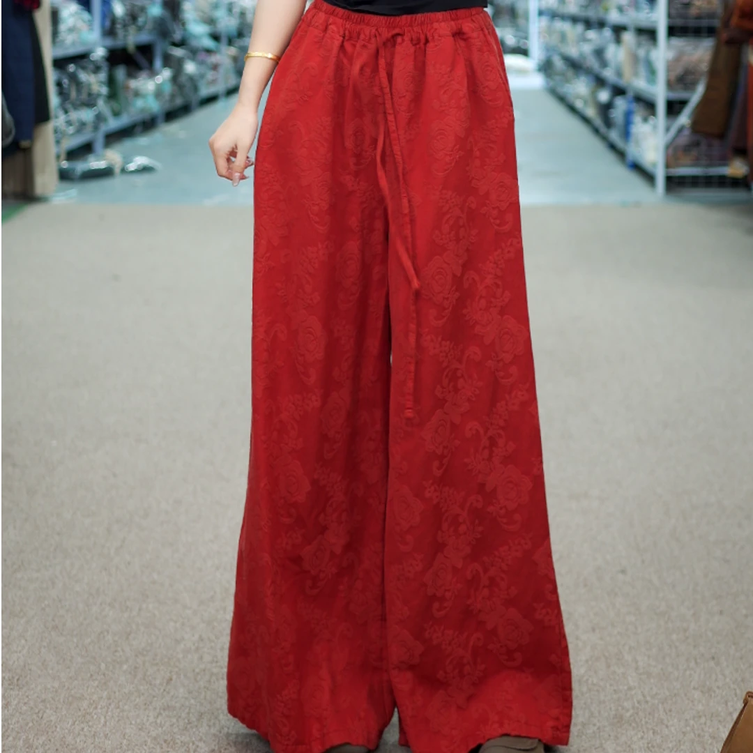 花璟与麻原创设计款提花直筒阔腿裤（裤长92臀围125腰围70-106）