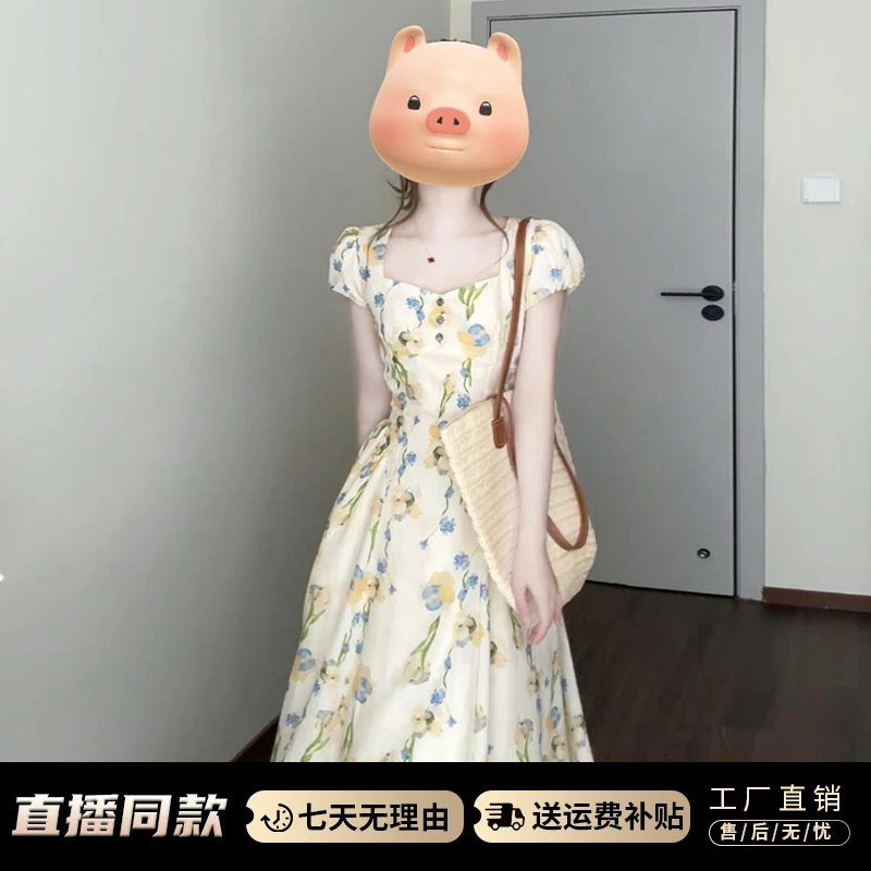 法式气质碎花连衣裙子女夏季泡泡袖掐腰长裙2025新款今年流行爆款