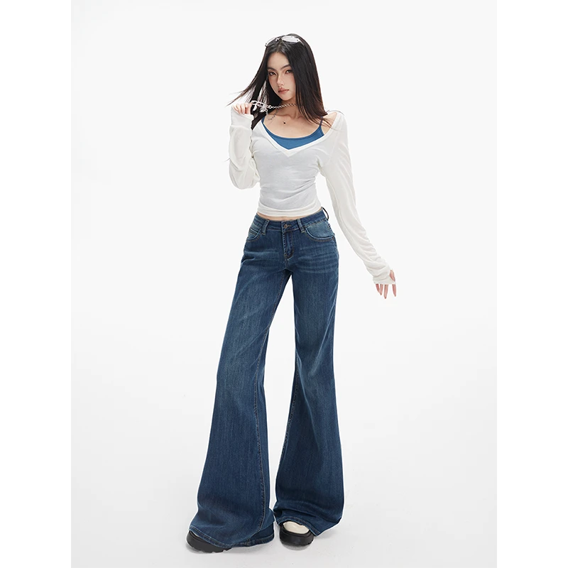 NORNLGGER复古深蓝色低腰微喇叭牛仔裤女秋季新款百搭不贴腿长裤