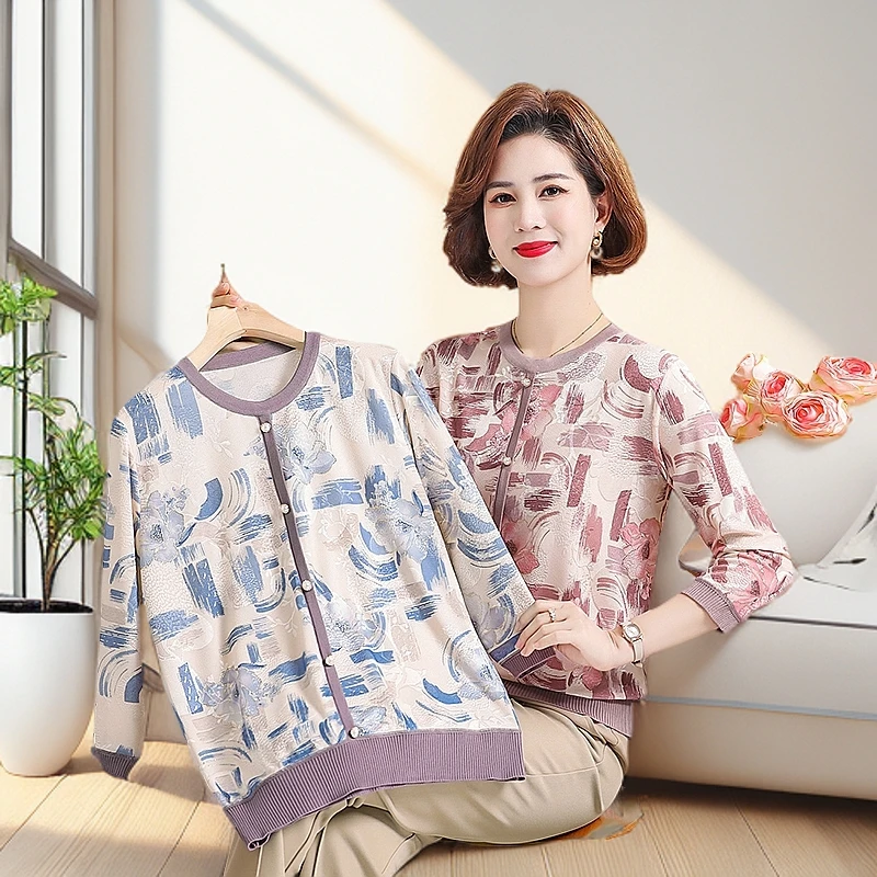 薄款时尚妈妈装夏季t恤七分袖打底上衣洋气新款中老年女装针织衫