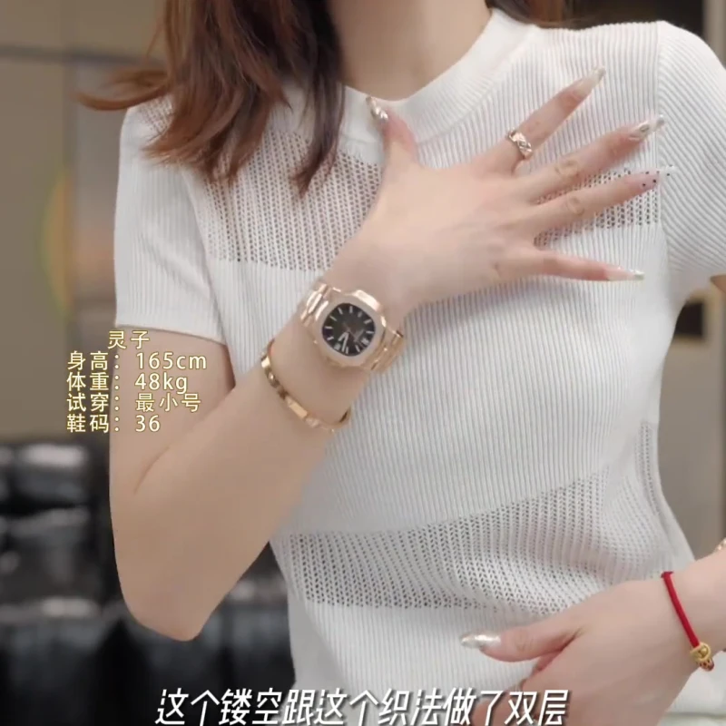 夏季新款高级针织衫镂空渐变t恤女2025简约圆领短袖清凉女装上衣