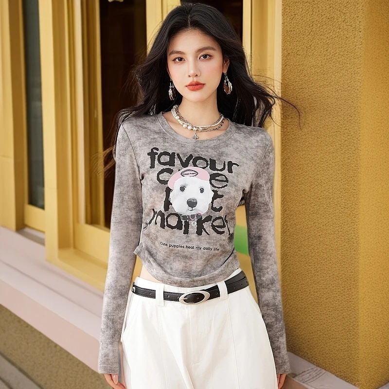 复古印花字母小狗图案松紧收褶设计长袖T恤圆领时尚百搭显瘦上衣T