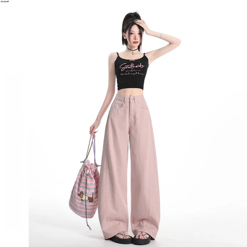 美式高腰大码粉色牛仔阔腿裤女2025夏季新款宽松显瘦直筒弯刀裤子