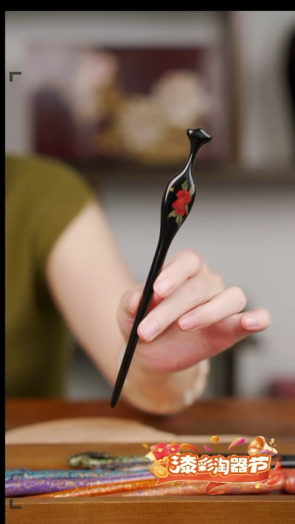 大漆发簪彩绘芙蓉