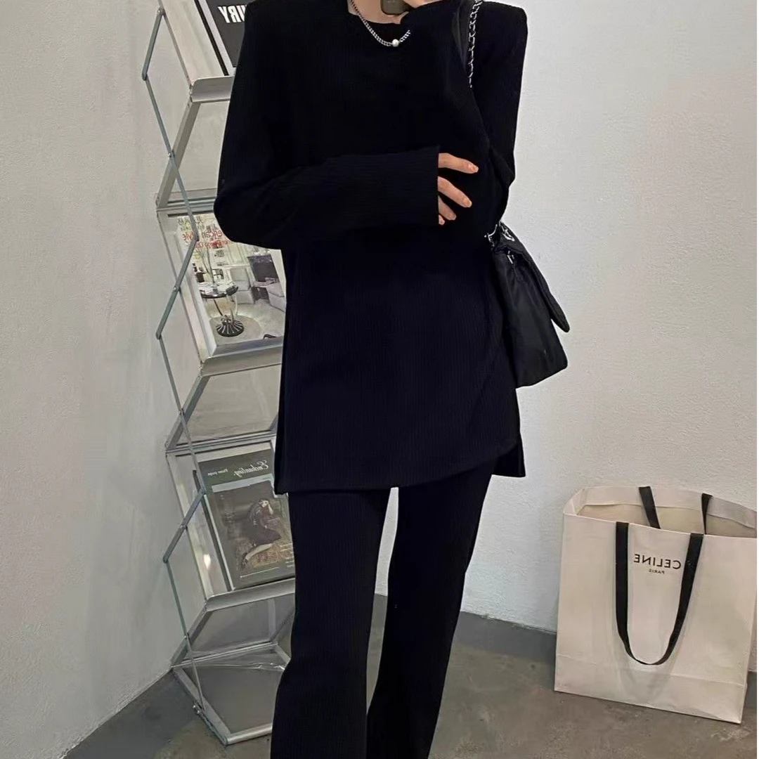 叮叮家【纸片人】慵懒风欧货垫肩上衣+微喇裤两件套