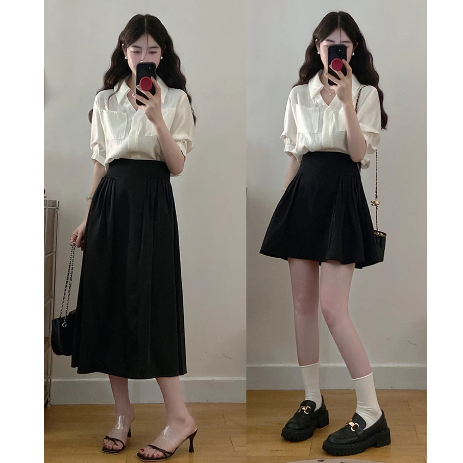 大码女装【心动舞曲】气质通勤衬衫+赫本风垂感小黑裙两件套