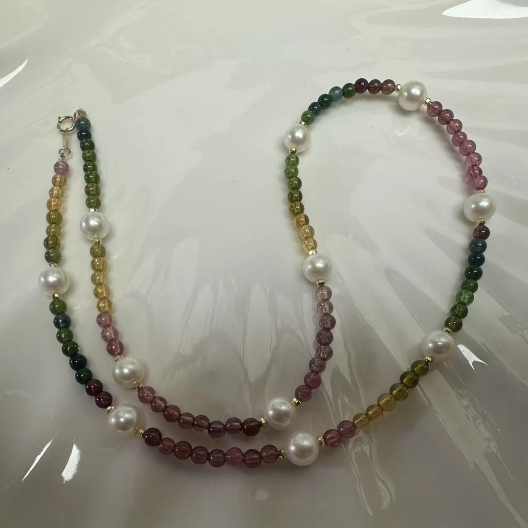 禧家天然淡水珍珠6-7mm+天然碧玺3.8mm+18k金配饰项链气质轻奢