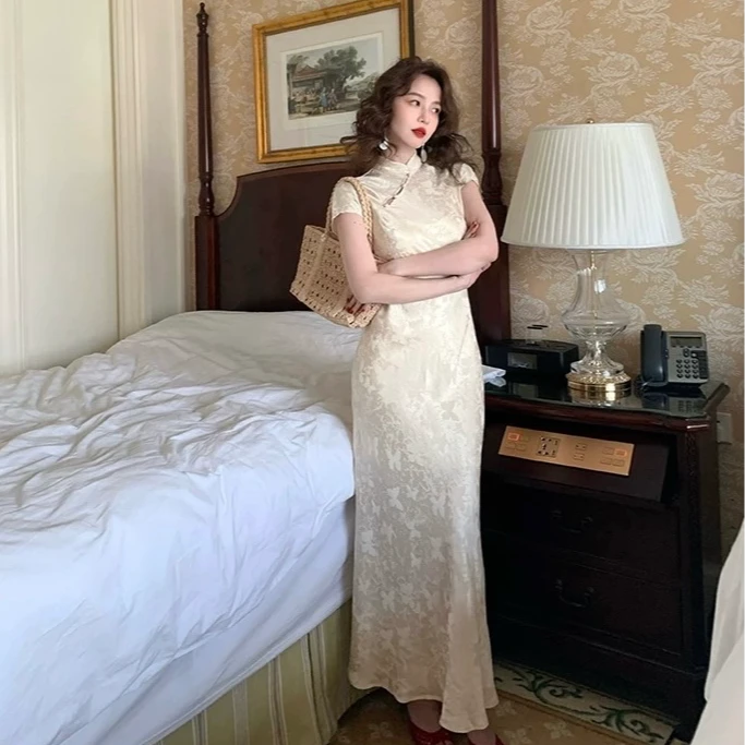 千金风鱼尾旗袍女夏气质少女复古中长款改良款连衣裙春秋优雅显瘦