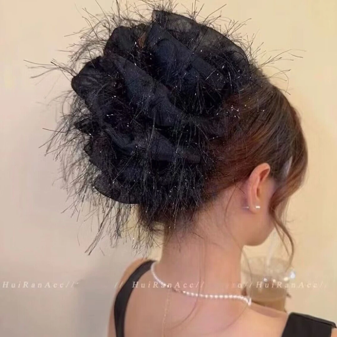 哈韩宅物羽毛抓夹后脑勺盘发超仙发饰高级感夹子鲨鱼夹发抓