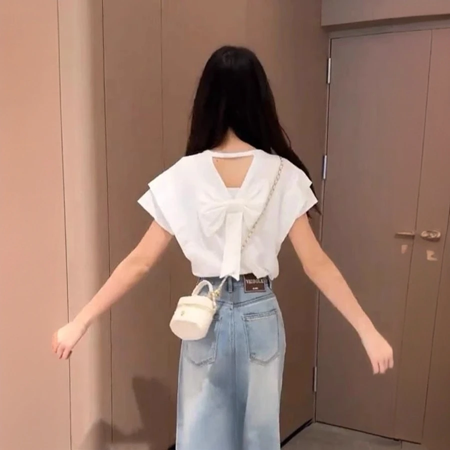 后背镂空蝴蝶结飞飞短袖白色T恤女牛仔半身裙休闲显瘦显高两件套