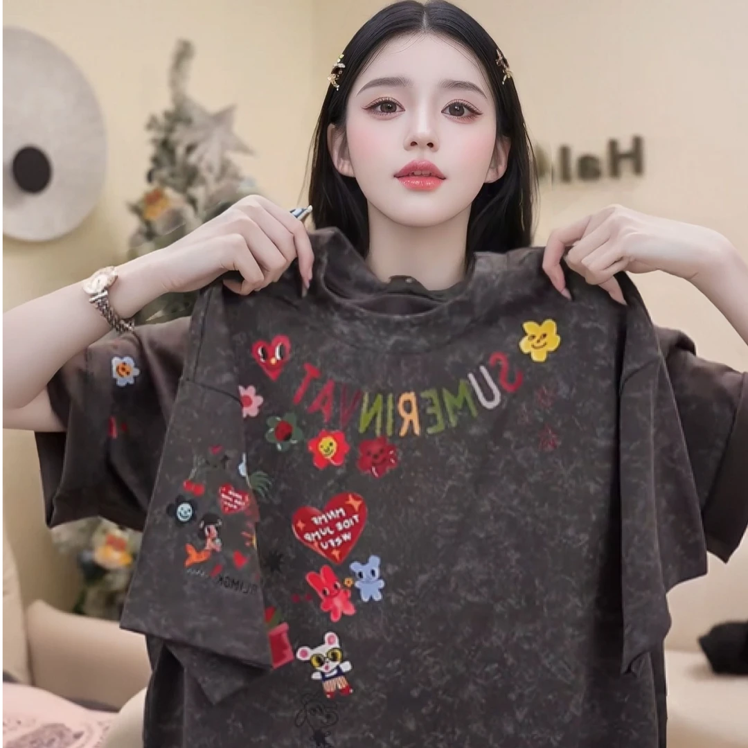 夏季女款设计感圆领卡通印花纯棉短袖宽松t恤百搭半袖潮#T022656