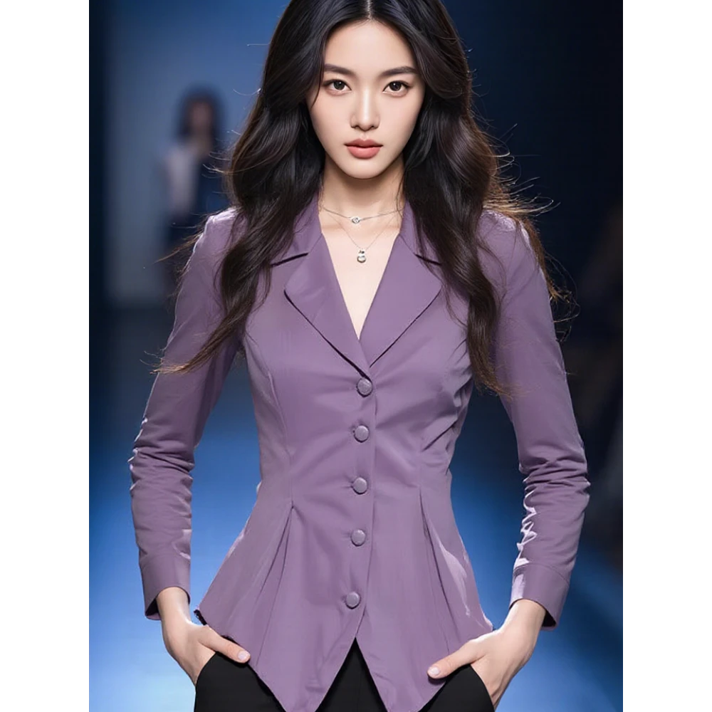 紫色长袖衬衫气质2025新款秋季女装爆款高级感不规则法式收腰上衣