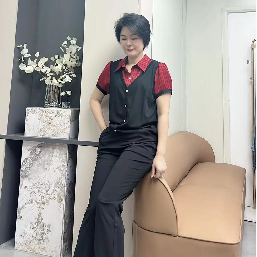 2806拼衬衫领短袖时尚气质显瘦套装