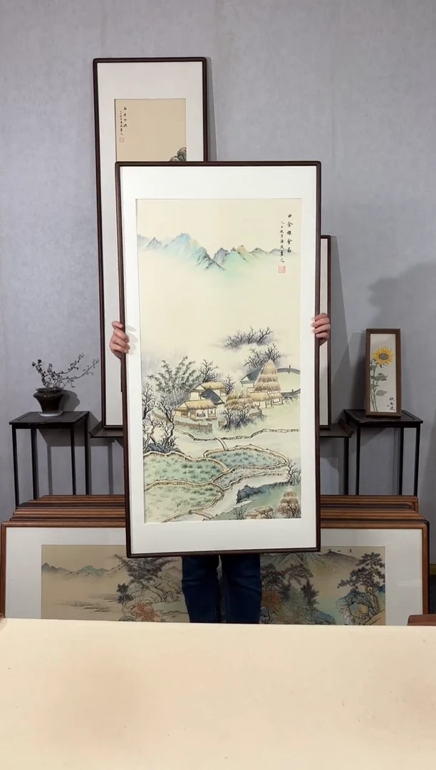 国画手绘*田舍雅会图*62*122cm带框发货