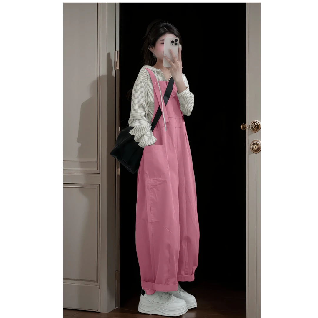 今年流行爆款玫红色背带裤2025春季新款设计感宽松慵懒风长裤套装