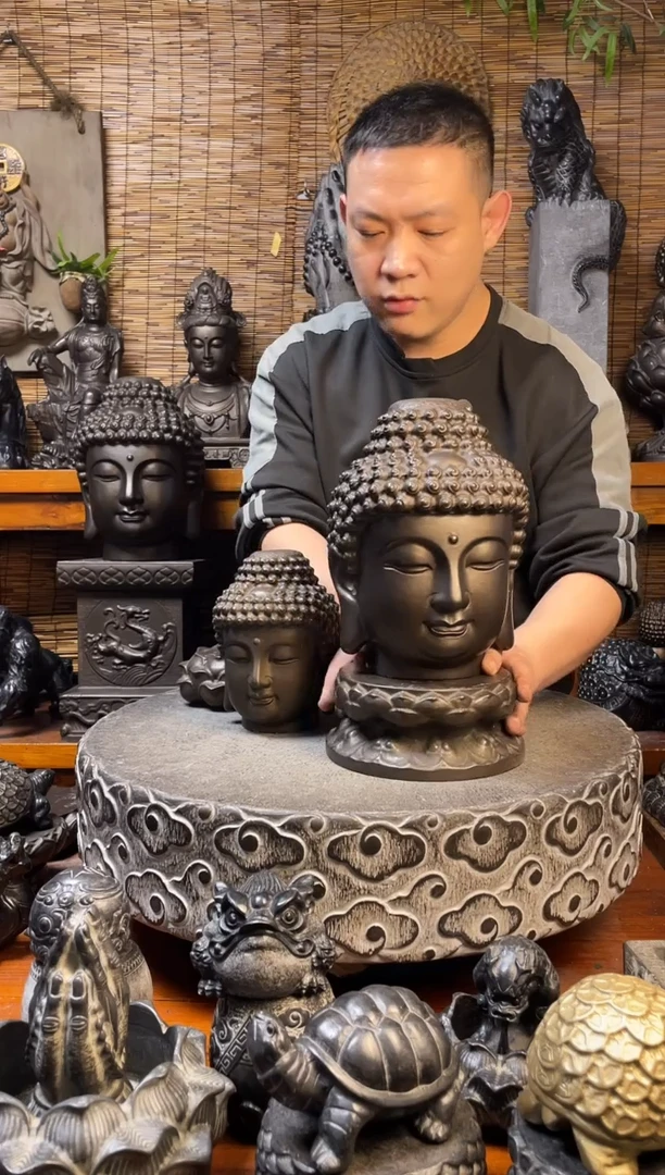 石材25佛头加底座天然青石雕刻