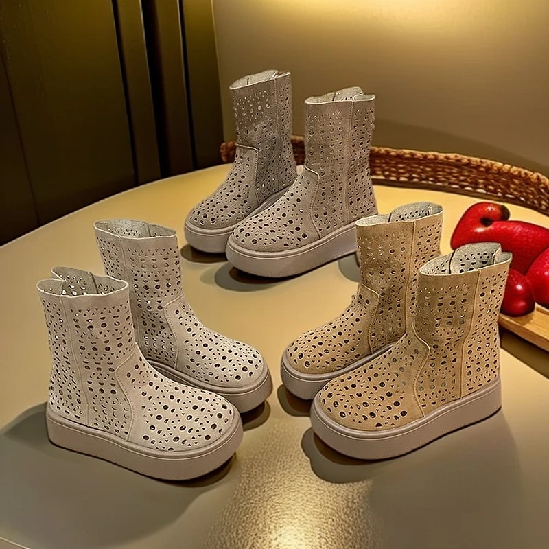 新款透气网面女凉靴2025春夏时尚百搭美拉德镂空厚底凉靴中筒潮鞋