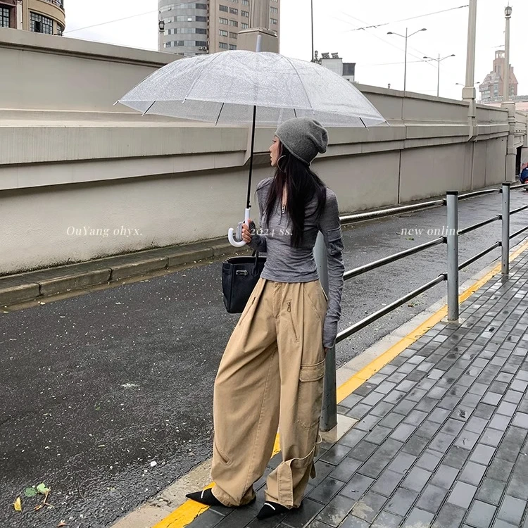 美式复古卡其色工装裤男女秋季直筒阔腿裤拖地长裤休闲裤宽松裤子