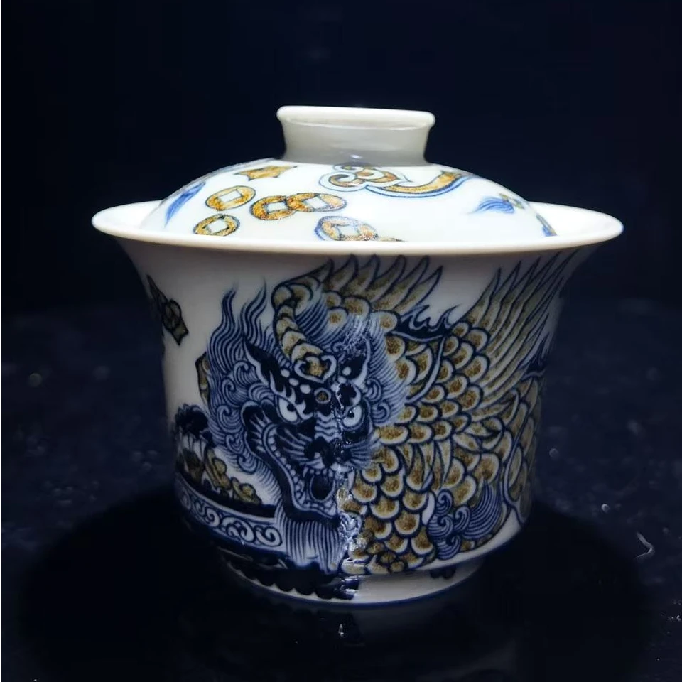 元经秘旨青花釉里金貔貅马蹄盖碗