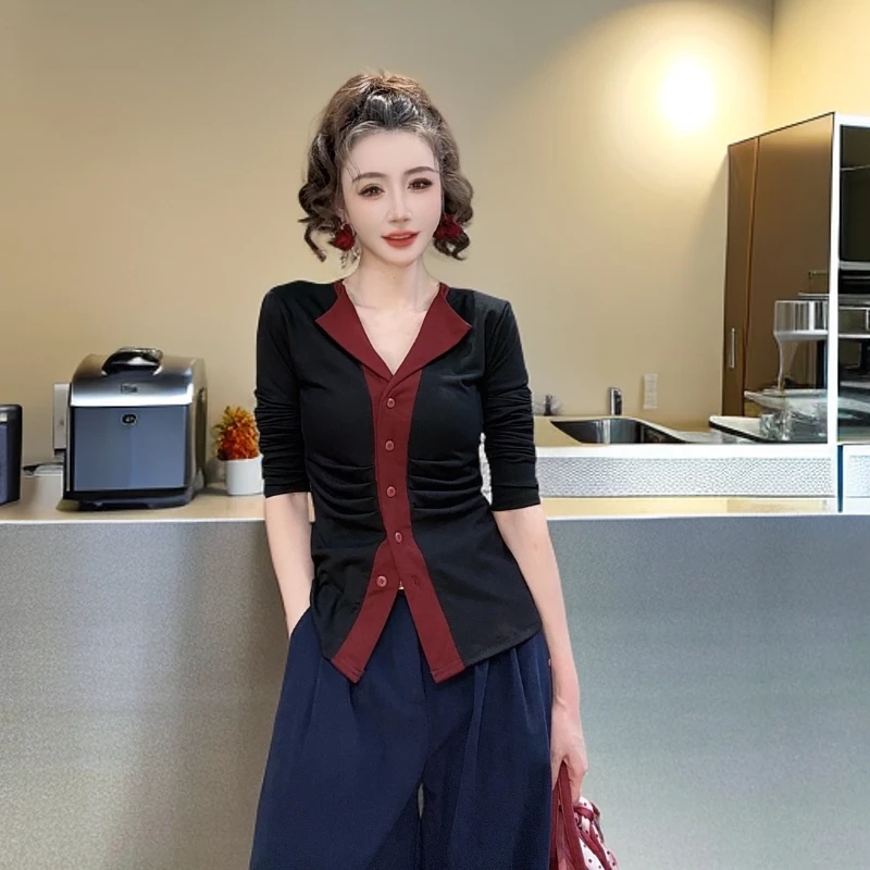 【美美专享】55229秋季新款翻领褶皱修身T恤上衣女
