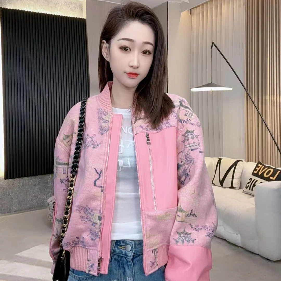 【若楠服饰】粉色拉链款高定时尚皮衣外套