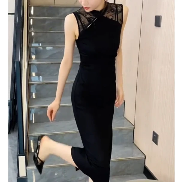 新中式纯色连衣裙清冷修身黑色露背洋气长款设计连衣裙CY50801