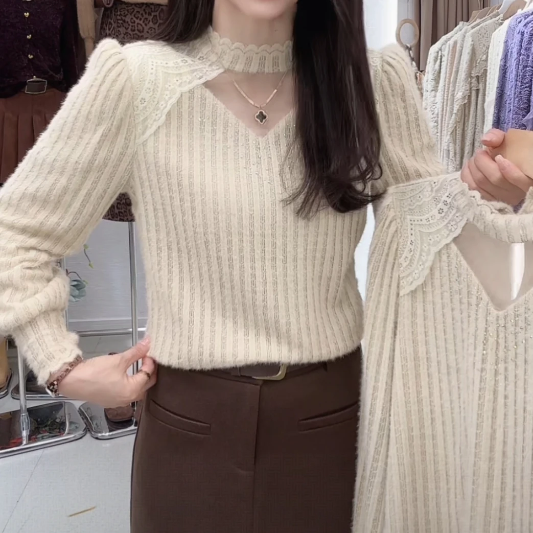 法式蕾丝打底衫女秋冬2025新款加绒女装长袖百搭宽松小衫上衣