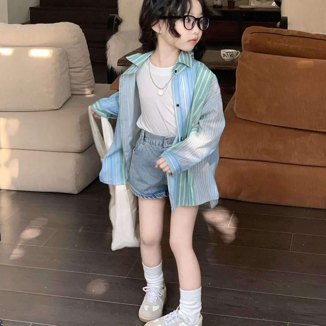 韩版休闲轻薄棉条纹衬衣儿童春夏装长袖女童防晒洋气衬衫套装