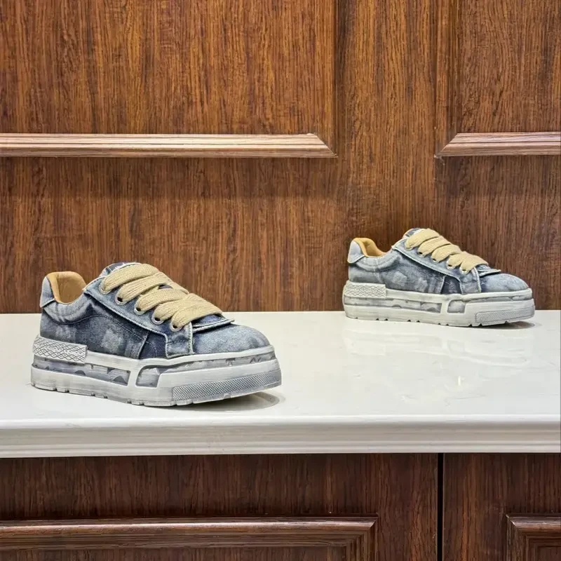 男鞋新款复古擦色水洗牛仔布透气时尚潮流休闲鞋厚底做旧运动鞋子