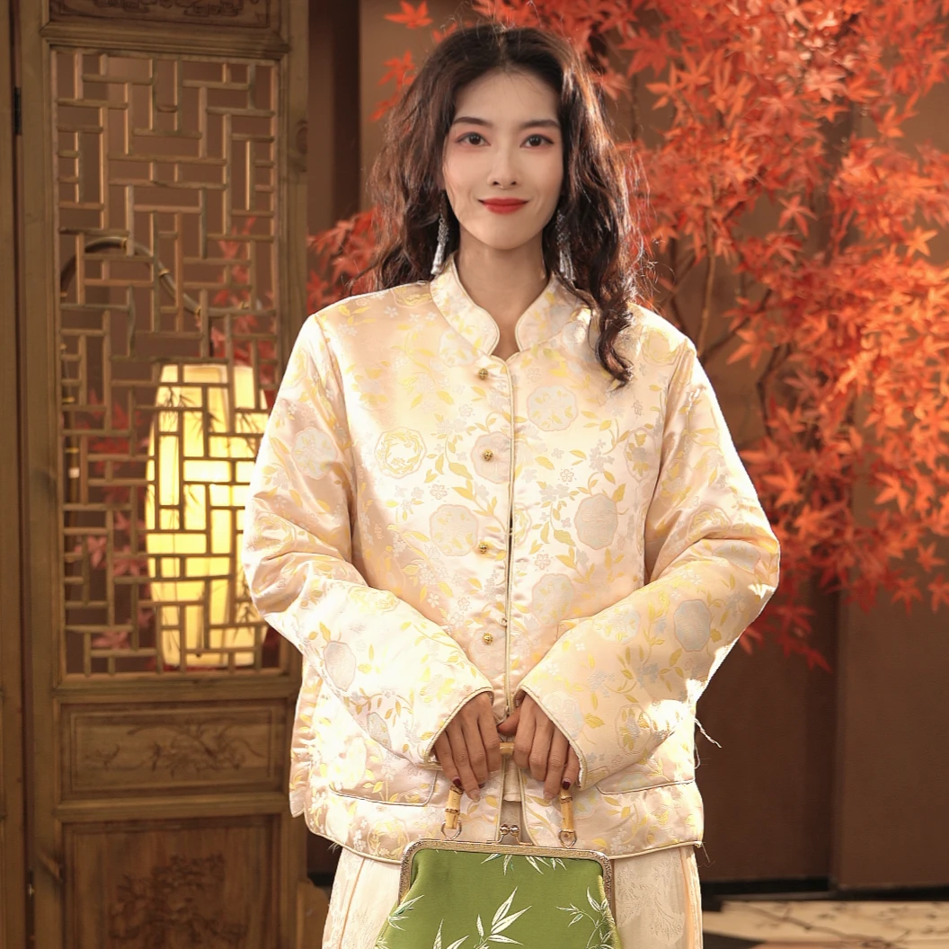 提花中国风印花短款单排扣常规立领短外套春秋季女宽松-CL17023