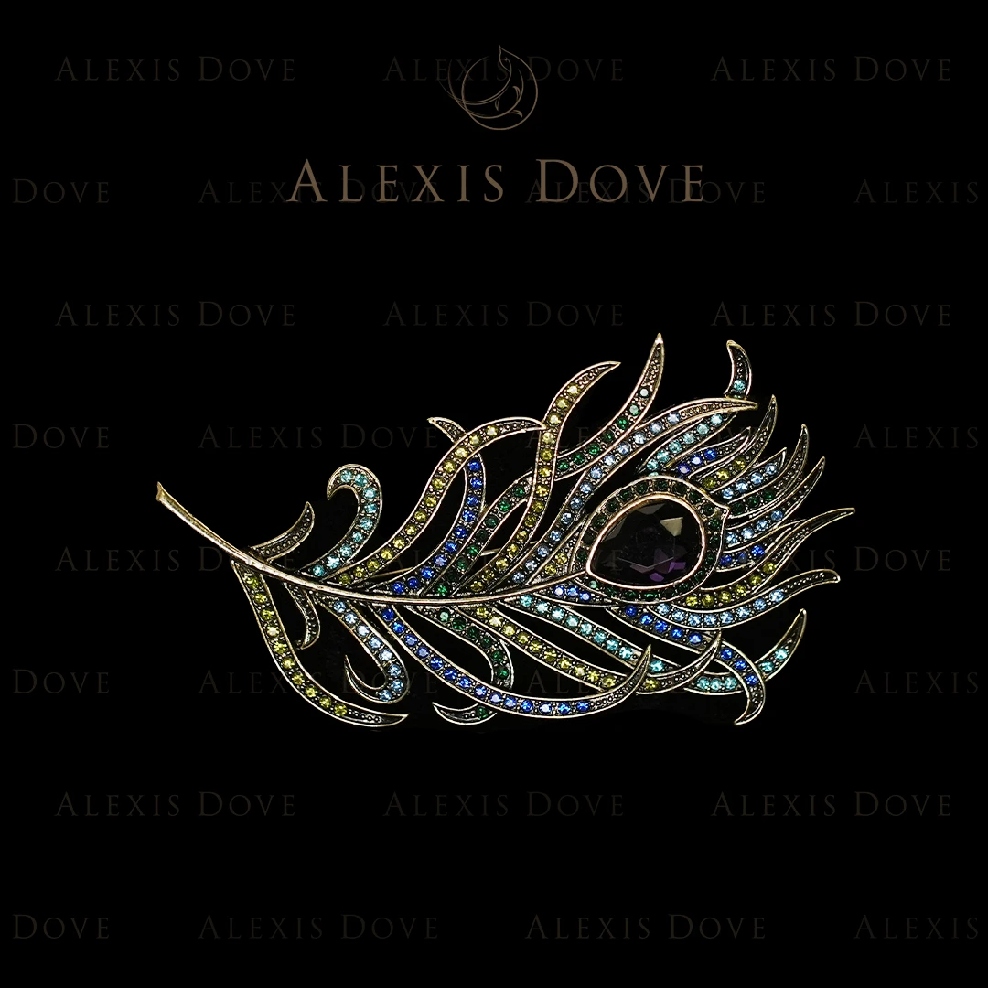 铜合金合成锆石胸针 (青）新中式国风设计感凤凰羽毛胸针