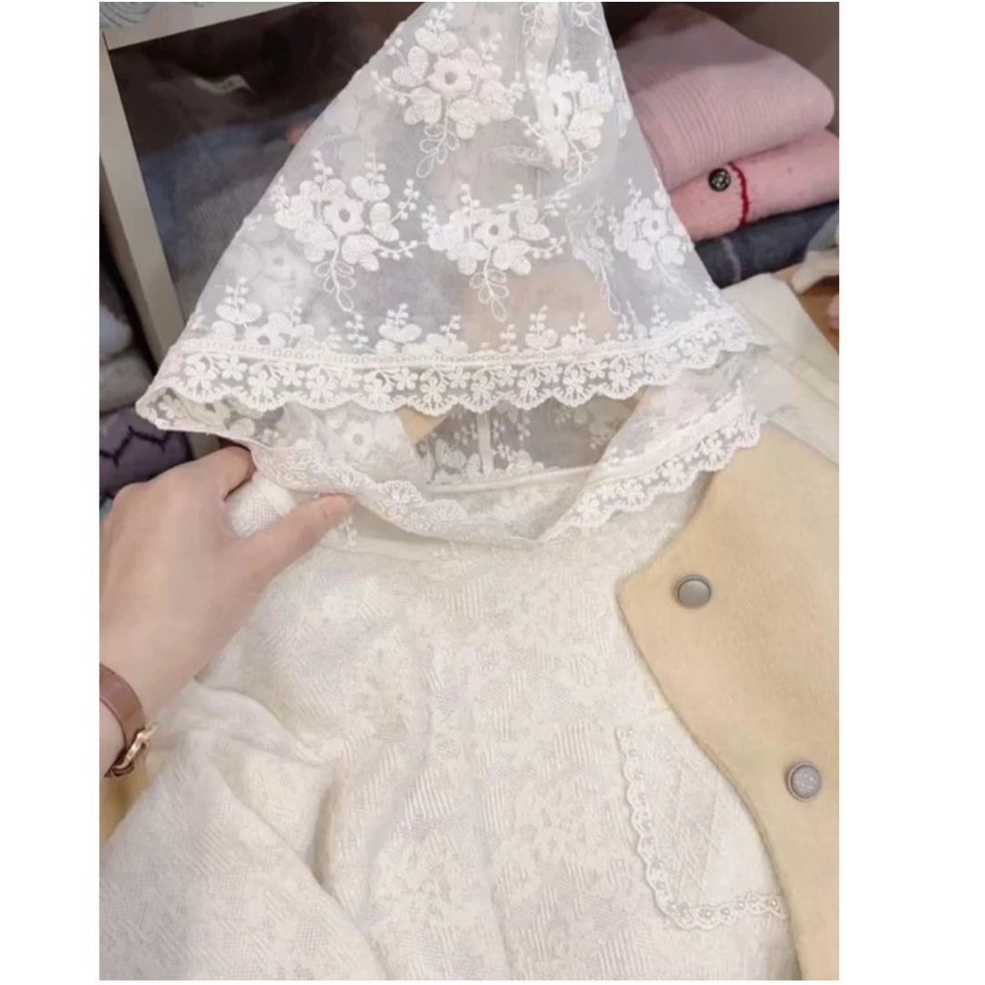 法式重工！（花朵蕾丝）春季钩花蕾丝帽衫设计感时尚宽松针织衫2579