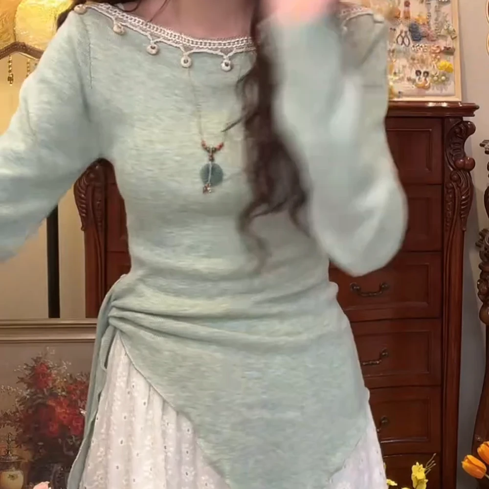 【圣莫尼卡】2025早春少女感穿搭一字肩长袖绿色针织上衣