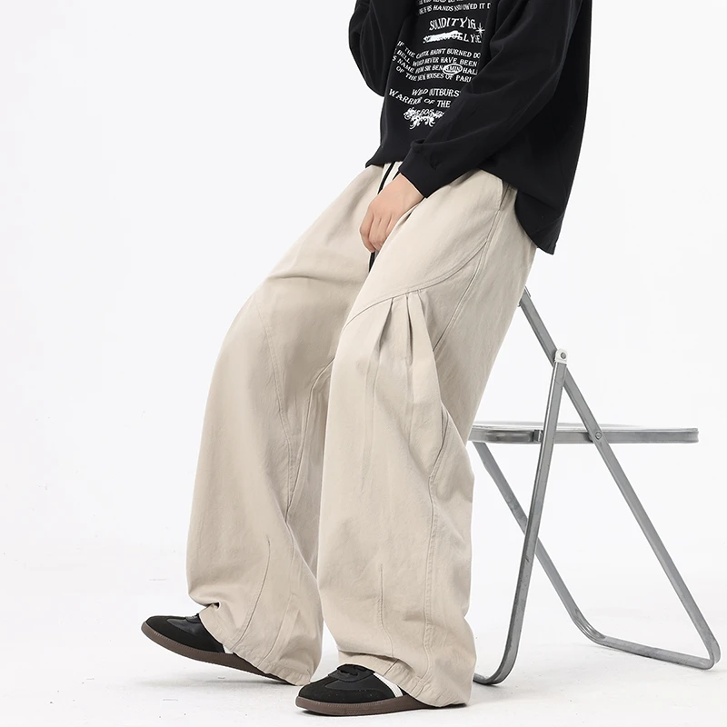 秋季新款休闲百搭时尚宽松男款纯色梭织长裤ins直筒复古裤子夏季