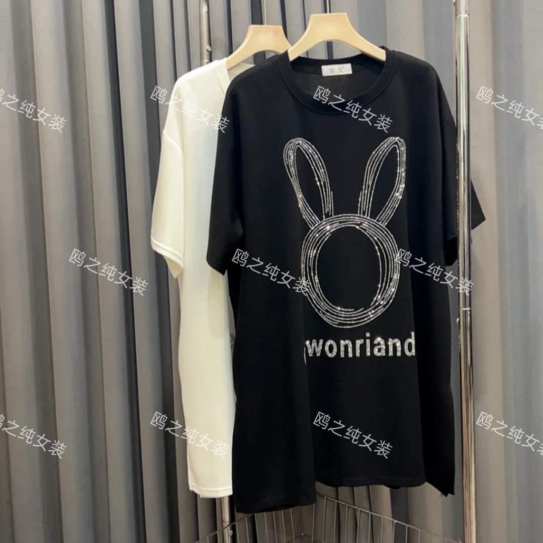 夏季新款短袖宽松型兔子镶钻T恤时尚轻奢中长款春夏显瘦圆领6089