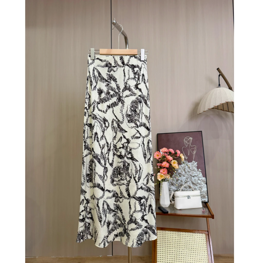 【里约】复古天丝亚麻斜裁松紧腰洋气印花高腰包臀鱼尾半身裙