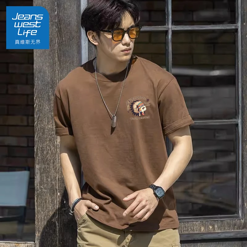 真维斯无界纯棉印第安短袖男款T恤夏季爆款重磅废土风美拉德大码