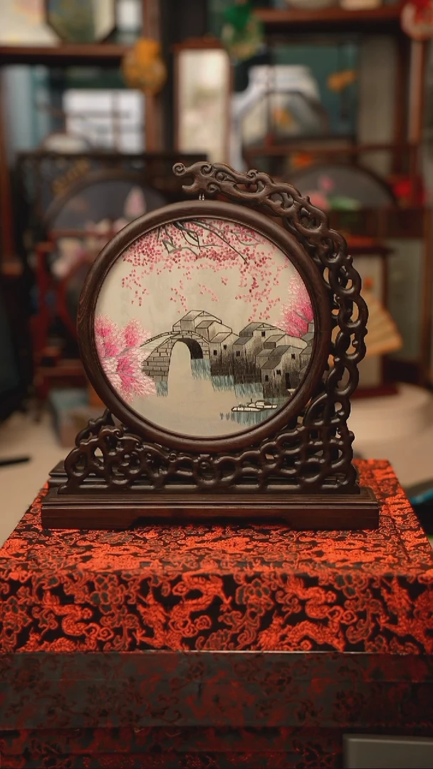 扇子龙头架 苏绣双面绣摆台