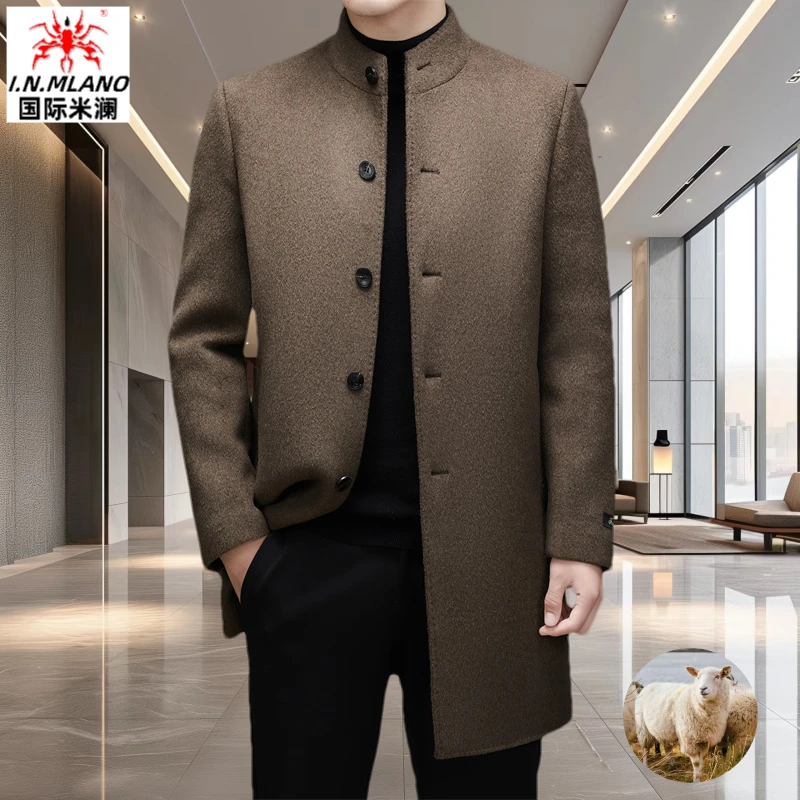 立领羊绒大衣男修身冬季加厚中年男装双面呢休闲中长款羊毛呢外套