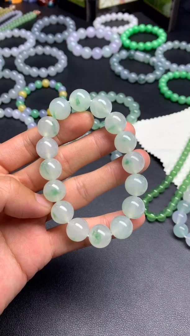 未镶嵌手链翡翠天然缅甸翡翠A货白底青飘绿花手串卡12.8mm