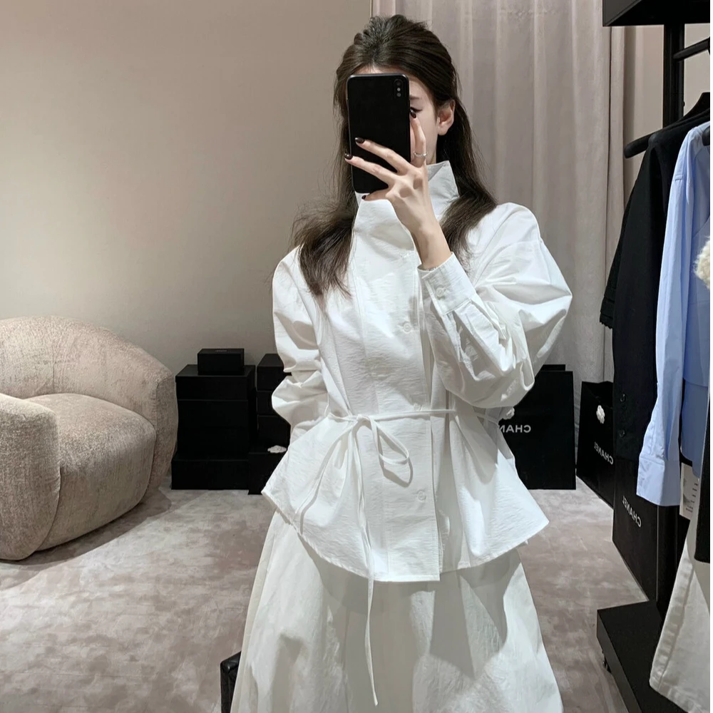 EASE 2色韩系立领侧扣系带气质衬衣 2025年春季新款