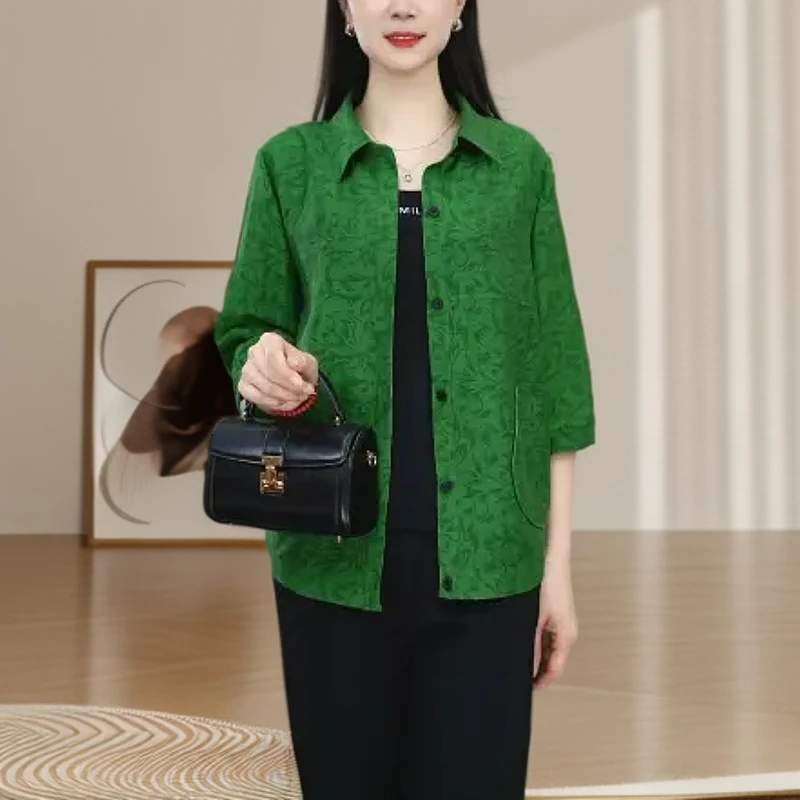 夏季防晒衬衫纯色时尚翻领显瘦中年妈妈装气质S洋气遮肉减龄衬衫