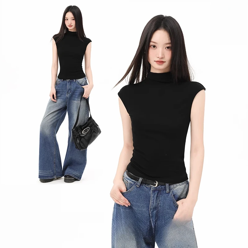 夏季韩系女背心黑色半高领小飞袖t恤女修身内搭可外穿百搭上衣