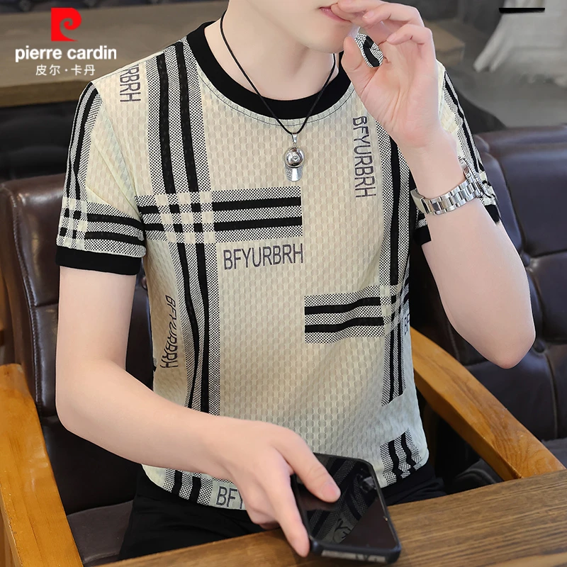 皮尔卡丹男士夏季新款镂空网眼冰丝短袖T恤时尚潮流修身百搭薄款